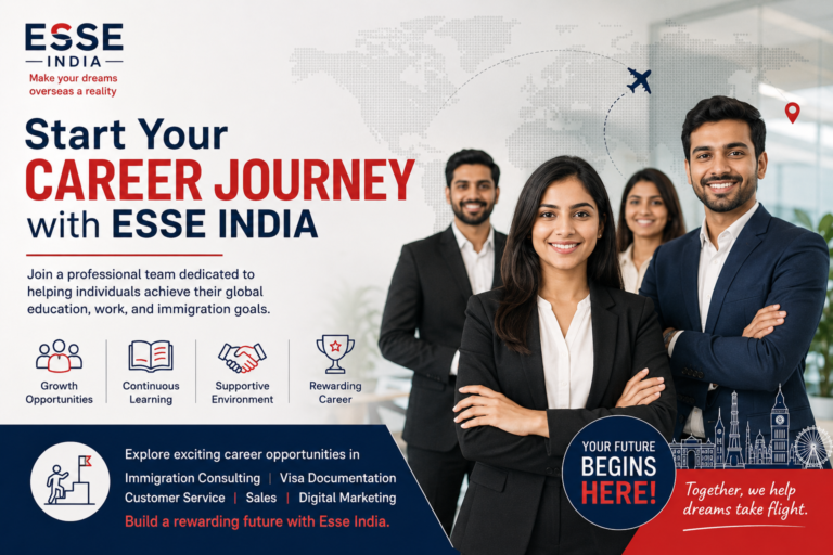 Esse India | Trusted Immigration Consultants in New Delhi At Esse India, we are dedicated to helping individuals, families, students, and professionals achieve their international goals through reliable and professional immigration solutions. As Trusted Immigration Consultants in New Delhi, we focus on delivering personalized guidance, transparent processes, and ethical immigration services that meet the unique needs of every client. Our experienced team understands that every immigration journey is different, which is why we provide tailored consultation and step-by-step support from the initial assessment to the successful completion of your application. With a strong commitment to integrity, professionalism, and client satisfaction, Esse India offers comprehensive immigration services, including study abroad consultation, work visa assistance, permanent residency (PR) services, business immigration guidance, visitor visas, and documentation support. We stay informed about evolving immigration policies and procedures to provide accurate information and practical solutions that help clients make confident decisions. Whether you are planning to study at an internationally recognized institution, explore global career opportunities, establish a business overseas, or apply for permanent residency, Esse India is committed to supporting you throughout the process. Our client-first approach, transparent communication, and attention to detail have made us a preferred choice for individuals seeking trusted immigration consultants in New Delhi. Start your global journey with Esse India and experience professional immigration guidance designed to help you achieve your dreams with confidence and peace of mind. About Esse India Esse India is a trusted and professionally managed immigration consultancy dedicated to helping individuals, families, students, skilled professionals, and entrepreneurs achieve their international aspirations. As Trusted Immigration Consultants in New Delhi, we specialize in providing personalized immigration solutions supported by industry expertise, transparent communication, and ethical consulting practices. Our goal is to make the immigration process straightforward by offering reliable guidance, accurate information, and dedicated support from the first consultation until the completion of your application. We understand that every client's immigration journey is unique. Whether you are planning to pursue higher education abroad, apply for a work visa, obtain permanent residency (PR), explore business immigration opportunities, or visit another country, Esse India develops customized solutions based on your individual goals, qualifications, and eligibility. Our team carefully evaluates every case to recommend suitable immigration pathways while ensuring compliance with current immigration policies and documentation requirements. As immigration laws and visa regulations continue to evolve, Esse India stays updated with the latest industry developments to provide informed and practical advice. We believe that trust is earned through honesty, professionalism, and consistent service quality. This commitment has helped us establish lasting relationships with clients who value transparent guidance and dependable immigration assistance. Who We Are Esse India is more than an immigration consultancy—we are a dedicated partner committed to helping people build brighter futures across the globe. Based in New Delhi, our experienced team works with a client-first approach, ensuring that every individual receives personalized attention throughout their immigration journey. Our professional immigration consultants understand the complexities of international immigration systems and visa procedures. From evaluating eligibility to preparing documentation and guiding clients through application processes, we focus on accuracy, transparency, and efficiency at every stage. Our services are designed to reduce uncertainty, simplify complex procedures, and help clients make informed decisions with confidence. Over the years, Esse India has built a reputation for delivering dependable immigration guidance by maintaining high standards of professionalism and customer service. We value integrity, accountability, and long-term relationships, which are reflected in every consultation we provide. Our commitment extends beyond paperwork—we strive to educate clients, answer their questions, and support them throughout their journey toward achieving international education, employment, business expansion, or permanent settlement. Our Mission Our mission is to empower individuals and families by delivering reliable, ethical, and transparent immigration guidance that supports their global ambitions. We are committed to simplifying complex immigration procedures through personalized consultation, detailed case assessment, accurate documentation assistance, and professional advice based on current immigration regulations. At Esse India, we continuously improve our services by investing in knowledge, technology, and customer support. Our objective is to provide every client with a seamless experience built on trust, honesty, and professionalism while helping them confidently pursue study abroad opportunities, work visas, business immigration, visitor visas, and permanent residency programs. Our Vision Our vision is to become one of India's most trusted immigration consultancies, recognized nationally for professional excellence, ethical business practices, and exceptional client service. We aspire to create long-term relationships with clients by consistently delivering reliable immigration solutions that meet the highest standards of quality and transparency. We envision Esse India as an organization that continuously adapts to changing global immigration trends while embracing innovation, technology, and customer-focused services. Through continuous learning, operational excellence, and a commitment to ethical consulting, we aim to help thousands of individuals and families achieve their international dreams while strengthening our position as Trusted Immigration Consultants in New Delhi. At Esse India, our success is measured not only by the services we provide but also by the confidence, trust, and long-term relationships we build with our clients. Every successful immigration journey inspires us to continue delivering professional guidance and helping people create better opportunities for their future. Why Choose Esse India? Choosing the right immigration consultancy is one of the most important decisions when planning your international future. Whether you want to study abroad, secure a work visa, apply for permanent residency, explore business immigration opportunities, or travel overseas, having experienced professionals by your side can make the process more efficient and less stressful. Esse India is committed to providing reliable, transparent, and personalized immigration services that help clients make informed decisions with confidence. As Trusted Immigration Consultants in New Delhi, Esse India combines industry expertise, ethical consulting practices, and customer-focused service to deliver immigration solutions tailored to every client's goals. We understand that no two immigration cases are the same, which is why we focus on understanding your unique requirements before recommending the most suitable pathway. Experienced Immigration Consultants At Esse India, our experienced immigration consultants possess in-depth knowledge of immigration procedures, visa categories, documentation requirements, and application processes. We continuously stay updated with changing immigration policies to provide accurate guidance based on the latest regulations. Our expertise enables clients to understand their options clearly and proceed with confidence throughout every stage of their immigration journey. Personalized Immigration Solutions Every client has different educational qualifications, professional experience, financial circumstances, and long-term objectives. Rather than offering one-size-fits-all solutions, Esse India carefully evaluates each case to recommend personalized immigration strategies that align with individual goals. Our customized approach helps clients choose suitable immigration programs while ensuring their applications are prepared with care and attention to detail. Transparent & Ethical Process Integrity and transparency are the foundation of our services. Esse India believes in providing honest advice, realistic expectations, and clear communication throughout the immigration process. We explain every stage of the application, outline documentation requirements, discuss timelines, and answer client questions openly. Our ethical approach helps clients make informed decisions without unnecessary confusion or uncertainty. Comprehensive Visa Assistance We offer comprehensive immigration and visa consulting services designed to support a wide range of international goals. Our services include study abroad consultation, work visa assistance, permanent residency (PR) guidance, business immigration, visitor visa support, and detailed documentation assistance. From eligibility assessment to application preparation, our team works diligently to ensure every case receives professional attention. End-to-End Client Support At Esse India, our commitment extends beyond the initial consultation. We provide complete support throughout the immigration journey, including eligibility assessment, document verification, application preparation, submission guidance, case updates, and ongoing assistance whenever required. Our objective is to simplify the immigration process while helping clients feel informed and supported from beginning to end. Commitment to Client Satisfaction Client satisfaction remains at the heart of everything we do. We believe that building long-term relationships requires trust, professionalism, and consistent service quality. Every member of the Esse India team is dedicated to delivering responsive communication, personalized guidance, and reliable support that helps clients pursue their global aspirations with confidence. Our focus on excellence, transparency, and continuous improvement has made Esse India a preferred choice for individuals seeking Trusted Immigration Consultants in New Delhi. Whether you are planning your first international journey or exploring new opportunities abroad, Esse India is committed to providing professional immigration guidance that prioritizes your goals, simplifies complex procedures, and supports you at every step of the process. Our Immigration Services At Esse India, we offer comprehensive immigration and visa consulting services designed to help individuals, families, students, skilled professionals, and entrepreneurs achieve their international goals. As Trusted Immigration Consultants in New Delhi, our mission is to provide reliable, transparent, and personalized immigration solutions that simplify complex visa procedures and help clients make informed decisions. Our experienced consultants carefully evaluate every client's profile before recommending the most suitable immigration pathway. From eligibility assessment and documentation preparation to visa application support and post-visa guidance, Esse India provides end-to-end assistance throughout your immigration journey. Whether your goal is to obtain Permanent Residency (PR), study at a leading international university, secure overseas employment, expand your business globally, or reunite with your family, our team is committed to delivering professional guidance backed by industry knowledge and ethical consulting practices. Permanent Residency (PR) Services Permanent Residency opens the door to long-term settlement, better career opportunities, and an improved quality of life. Esse India provides professional consultation for skilled migration and PR pathways, helping eligible applicants understand country-specific immigration programs and requirements. Our PR services include: Comprehensive profile evaluation Eligibility assessment CRS score guidance for Canada Express Entry Provincial Nominee Program (PNP) consultation Australia Skilled Migration guidance Germany Opportunity Card consultation Documentation review Application preparation Application tracking and post-submission support Our team works diligently to ensure every application is prepared accurately while keeping clients informed throughout the process. Study Abroad Consultation Studying overseas is one of the most rewarding investments in your future. Esse India provides personalized study abroad consultation for students planning to pursue higher education in internationally recognized universities and colleges. Our study abroad services include: Course and university selection Country selection guidance Admission assistance Statement of Purpose (SOP) guidance Resume preparation Student visa documentation Financial documentation guidance Pre-departure assistance We help students choose the right academic pathway based on their qualifications, career aspirations, and budget. Work Visa Assistance International employment opportunities require proper planning and accurate documentation. Esse India provides professional work visa consultation for skilled professionals seeking employment abroad. Our work visa services include: Profile assessment Occupation eligibility guidance Employer-sponsored visa consultation Skilled migration pathways Documentation support Work permit application guidance Interview preparation Visa application tracking We assist professionals in understanding country-specific work visa requirements while helping them prepare strong applications. Business & Investor Immigration For entrepreneurs, investors, and business owners seeking international expansion, Esse India offers customized business immigration consultation. Our services include: Business visa consultation Investor immigration guidance Entrepreneur visa assistance Business documentation support Eligibility assessment Immigration planning We help clients understand available investment and business migration programs while providing professional guidance throughout the application process. Visitor & Tourist Visa Guidance Planning an international trip for tourism, business meetings, conferences, or family visits requires proper visa preparation. Esse India assists clients with visitor and tourist visa applications by providing complete documentation guidance and application support. Our visitor visa services include: Tourist visa consultation Business visitor visas Family visit visas Documentation verification Application preparation Interview guidance where applicable Family Sponsorship & Dependent Visas Family reunification is an important part of many immigration programs. Esse India assists eligible applicants with family sponsorship and dependent visa applications, ensuring that every document is prepared accurately and submitted according to immigration guidelines. Our consultants provide guidance on eligibility, documentation requirements, relationship verification, financial documentation, and application procedures. Documentation & Application Support Accurate documentation is one of the most important factors in a successful immigration application. Esse India offers complete documentation and application support to help reduce errors and improve application quality. Our documentation services include: Personalized document checklist Document verification SOP and resume guidance ECA guidance IELTS/PTE guidance Application review Visa application submission support Follow-up assistance Case tracking Post-visa guidance At Esse India, we believe that successful immigration begins with professional planning and transparent guidance. Every application receives individual attention from our experienced consultants, ensuring clients receive practical advice, ethical support, and a smooth immigration experience. Whether you are planning to immigrate to Canada, Australia, Germany, the United Kingdom, New Zealand, Sweden, Italy, Hong Kong, or other global destinations, Esse India is committed to helping you confidently take the next step toward your international future with trusted, professional immigration services. Countries We Help You Explore At Esse India, we help individuals, families, students, and skilled professionals explore immigration opportunities in some of the world's most sought-after destinations. As Trusted Immigration Consultants in New Delhi, we provide personalized guidance based on your education, work experience, career objectives, and long-term settlement plans. Our experienced consultants stay updated with changing immigration policies and visa requirements to help clients choose the most suitable pathway for their international journey. Whether your goal is higher education, overseas employment, permanent residency, business expansion, or family reunification, Esse India offers end-to-end immigration support—from profile evaluation and documentation preparation to visa application guidance and post-visa assistance. Canada Immigration Canada remains one of the most popular destinations for skilled professionals, students, entrepreneurs, and families. Esse India provides comprehensive guidance for Canadian immigration programs, including Express Entry, Provincial Nominee Programs (PNPs), family sponsorship, study permits, work permits, and Permanent Residency (PR). Our Canada immigration services include: Canada Express Entry guidance Provincial Nominee Program (PNP) assistance Permanent Residency (PR) consultation Study Permit guidance Work Permit assistance Family Sponsorship consultation Visitor Visa support Documentation review CRS score evaluation End-to-end application assistance Australia Immigration Australia offers excellent career prospects, world-class education, and a high quality of life. Esse India provides professional consultation for Australian skilled migration, employer-sponsored visas, student visas, and Permanent Residency pathways. Our Australia immigration services include: Skilled Migration guidance Permanent Residency consultation Employer-sponsored visa assistance Student Visa support Visitor Visa consultation Documentation and eligibility assessment Application preparation and submission support Germany Opportunities Germany has become a preferred destination for skilled professionals and international students because of its strong economy, excellent education system, and growing demand for qualified talent. Esse India helps eligible applicants explore opportunities through the Germany Opportunity Card, work visas, student visas, and other immigration pathways. Our Germany services include: Germany Opportunity Card consultation Skilled Worker Visa guidance Student Visa assistance Job Seeker guidance Documentation support Eligibility assessment Visa application assistance United Kingdom Immigration The United Kingdom offers diverse opportunities for education, employment, and business. Esse India assists clients with UK immigration programs by providing personalized guidance and professional documentation support. Our UK immigration services include: Skilled Worker Visa consultation Student Visa assistance Visitor Visa guidance Family Visa consultation Business immigration support Documentation and application assistance New Zealand Immigration New Zealand is known for its welcoming communities, excellent work-life balance, and attractive immigration pathways. Esse India helps clients understand available visa options while providing professional support throughout the immigration process. Our New Zealand services include: Skilled Migration consultation Work Visa assistance Student Visa guidance Visitor Visa support Permanent Residency pathways Documentation review Application preparation Other Global Destinations In addition to Canada, Australia, Germany, the United Kingdom, and New Zealand, Esse India also provides immigration consultation for several other international destinations based on eligibility and immigration program availability. Our consultants provide guidance for countries including: Sweden Italy Hong Kong Denmark Portugal Singapore Ireland United Arab Emirates (UAE) European countries with skilled migration opportunities Whether you are planning to study abroad, secure an international career, establish a business overseas, or obtain permanent residency, Esse India provides personalized immigration solutions designed around your goals. As Trusted Immigration Consultants in New Delhi, we are committed to delivering ethical advice, transparent communication, and professional support throughout every stage of your immigration journey. Explore global opportunities with Esse India and take the next step toward building a successful future abroad with confidence. Our Immigration Process At Esse India, we believe that a successful immigration journey begins with the right guidance and a well-structured process. As Trusted Immigration Consultants in New Delhi, we follow a transparent, client-focused approach that helps individuals, families, students, skilled professionals, and business owners navigate the immigration process with confidence. Our experienced consultants provide personalized assistance at every stage, ensuring that your application is prepared accurately and submitted in accordance with the latest immigration requirements. From your first consultation to post-visa guidance, Esse India is committed to delivering professional support, clear communication, and ethical immigration services. Our streamlined process is designed to minimize delays, reduce documentation errors, and help you stay informed throughout your immigration journey. Step 1: Initial Consultation Your journey begins with a one-on-one consultation with our experienced immigration consultants. During this stage, we take the time to understand your educational background, work experience, career goals, financial profile, and immigration objectives. We discuss the countries and immigration programs that best match your profile, answer your questions, and provide an overview of the immigration process. This initial consultation helps establish a clear roadmap for your application and allows you to make informed decisions before moving forward. Step 2: Eligibility Assessment After understanding your profile, our consultants conduct a detailed eligibility assessment based on the latest immigration regulations and country-specific requirements. We evaluate factors such as education, professional experience, language proficiency, age, and other eligibility criteria to identify the most suitable immigration pathway. Whether you are applying for Canada Express Entry, Australia Skilled Migration, the Germany Opportunity Card, a Study Visa, a Work Visa, or Permanent Residency (PR), we provide honest recommendations based on your qualifications and long-term goals. Step 3: Documentation Preparation Accurate documentation is one of the most important aspects of a successful immigration application. Our team provides a personalized document checklist and assists you in gathering, reviewing, and organizing all required documents. We help with: Document verification Educational credential guidance Resume and profile review Statement of Purpose (SOP) guidance Financial documentation Employment records Identity and supporting documents Application form review Our consultants carefully review every document to help ensure accuracy, completeness, and compliance with immigration requirements. Step 4: Application Submission Once all documents have been reviewed and finalized, Esse India assists with preparing and submitting your application according to the immigration authority's guidelines. Before submission, we perform multiple quality checks to minimize errors and ensure that all supporting documents are complete. Our attention to detail helps streamline the application process and reduces the chances of unnecessary delays. Step 5: Application Tracking After your application has been submitted, our support continues. We monitor the progress of your application, keep you informed about important updates, and communicate any additional document requests or procedural requirements from the relevant immigration authorities. Throughout this stage, our consultants remain available to answer your questions and provide timely guidance until a decision is made on your application. Step 6: Post-Visa Support Receiving your visa is an exciting milestone, but our commitment to your success does not end there. Esse India offers post-visa support to help you prepare for your move abroad with confidence. Depending on your destination and visa category, our post-visa services may include: Pre-departure guidance Travel preparation support Settlement information Basic accommodation guidance Important travel documentation checklist General orientation for your destination country Our goal is to help you transition smoothly into your new academic, professional, or personal journey. A Transparent Process You Can Trust At Esse India, every immigration application is handled with professionalism, transparency, and attention to detail. Our experienced consultants are committed to providing ethical advice, personalized solutions, and continuous support throughout every stage of your immigration journey. Whether you are planning to study abroad, apply for a work visa, obtain Permanent Residency (PR), explore business immigration, or reunite with your family overseas, Esse India is here to guide you from your first consultation to your successful arrival abroad. Start your immigration journey today with Esse India—Trusted Immigration Consultants in New Delhi and experience a structured process designed to help you achieve your global goals with confidence. What Makes Esse India Different? Choosing an immigration consultancy is about more than finding someone to process paperwork—it's about selecting a trusted partner who can guide you through one of life's most important decisions. At Esse India, we combine professional expertise, ethical practices, personalized consultation, and dedicated client support to deliver a reliable immigration experience. As Trusted Immigration Consultants in New Delhi, our focus is on helping every client make informed decisions while providing transparent guidance at every stage of the immigration journey. Our commitment to quality, integrity, and continuous improvement has helped us build strong relationships with students, skilled professionals, families, and business owners who are pursuing opportunities abroad. From your initial consultation to post-visa assistance, Esse India is dedicated to delivering services that prioritize your goals and long-term success. Ethical Immigration Practices Integrity is the foundation of our business. Esse India follows ethical immigration practices by providing honest guidance, transparent advice, and realistic expectations throughout the immigration process. We believe every client deserves accurate information about eligibility, documentation requirements, processing procedures, and available immigration pathways. Our consultants recommend solutions based on individual profiles rather than one-size-fits-all approaches. This ethical commitment helps clients make confident decisions while building long-term trust and credibility. Professional Consultation Every immigration journey begins with informed planning. At Esse India, our experienced consultants provide professional consultations tailored to each client's educational background, work experience, career objectives, and immigration goals. Our consultation process includes: Detailed profile evaluation Immigration pathway recommendations Country selection guidance Visa category consultation Eligibility assessment Documentation planning Application strategy By understanding your unique circumstances, we recommend immigration options that best align with your long-term objectives. Client-Focused Approach Every client has unique aspirations, and we believe personalized service is essential to achieving successful outcomes. Esse India adopts a client-first approach by listening carefully, understanding your requirements, and developing customized immigration strategies that suit your profile. Our team remains accessible throughout the process, answering questions, providing updates, and ensuring that clients receive timely guidance whenever needed. We measure our success by the trust and satisfaction of the people we serve. Up-to-Date Immigration Knowledge Immigration regulations, visa requirements, and government policies frequently change. To provide accurate guidance, our consultants continuously monitor industry developments and remain informed about the latest immigration programs and procedural updates. This ongoing commitment to professional learning enables Esse India to offer reliable information for services including: Permanent Residency (PR) Canada Express Entry Provincial Nominee Programs (PNPs) Australia Skilled Migration Germany Opportunity Card Study Abroad Programs Work Visas Business Immigration Family Sponsorship Visitor Visas Our knowledge-driven approach helps clients prepare stronger applications while understanding current immigration requirements. Transparent Communication Clear and honest communication is essential throughout the immigration process. At Esse India, we keep clients informed from the initial consultation until the completion of their application. We provide: Clear explanations of immigration procedures Transparent documentation requirements Regular application updates Timely responses to client queries Professional guidance throughout every stage By maintaining open communication, we help reduce uncertainty and ensure clients remain informed throughout their immigration journey. Dedicated Case Assistance Every immigration application requires careful attention to detail. Esse India provides dedicated case assistance to help clients manage documentation, application preparation, and procedural requirements efficiently. Our dedicated support includes: Personalized case management Documentation review Application preparation Quality checks before submission Follow-up support Guidance on additional document requests Post-visa assistance Our team works closely with every client to ensure that applications are prepared accurately and professionally while providing continuous support from start to finish. Your Trusted Partner for Global Opportunities At Esse India, we are committed to helping clients pursue international education, employment, business expansion, family reunification, and permanent residency with confidence. Our combination of ethical consulting, professional expertise, transparent communication, and personalized support makes us a preferred choice for individuals seeking Trusted Immigration Consultants in New Delhi. Whether you are planning to immigrate to Canada, Australia, Germany, the United Kingdom, New Zealand, or other leading destinations, Esse India is dedicated to providing reliable immigration solutions that support your global ambitions and long-term success. Our Core Values At Esse India, our core values define who we are and guide every interaction with our clients, partners, and team members. As Trusted Immigration Consultants in New Delhi, we are committed to delivering professional immigration services built on trust, ethical practices, and a client-first philosophy. These values influence every stage of the immigration journey—from the initial consultation and profile assessment to documentation support, visa application guidance, and post-visa assistance. We believe that successful immigration consulting goes beyond processing applications. It requires honesty, expertise, continuous learning, and a genuine commitment to helping people achieve their global aspirations. Our dedication to these principles has helped Esse India build a reputation for providing reliable immigration solutions and maintaining long-term relationships with clients across diverse immigration pathways. Integrity Integrity is the foundation of everything we do. Esse India is committed to conducting business with honesty, fairness, and professionalism. We provide accurate information, ethical guidance, and realistic advice so that clients can make informed decisions with confidence. Every recommendation is based on individual eligibility and current immigration regulations, ensuring transparency throughout the process. Transparency We believe that open and honest communication builds trust. Esse India maintains complete transparency by clearly explaining immigration procedures, documentation requirements, timelines, and application processes. Clients receive regular updates and practical guidance, allowing them to understand every stage of their immigration journey without confusion or hidden surprises. Professionalism Professional excellence is reflected in every service we provide. Our experienced immigration consultants approach each case with attention to detail, accuracy, and respect for client needs. We continuously enhance our industry knowledge to ensure that our consultation and support remain aligned with the latest immigration policies and global standards. Client Commitment Our clients are at the center of everything we do. Esse India takes the time to understand each client's unique goals, qualifications, and long-term aspirations before recommending suitable immigration pathways. By providing personalized consultation and dedicated support, we strive to deliver an experience that prioritizes client satisfaction and long-term success. Accountability We believe in taking responsibility for the quality of our services and maintaining the highest professional standards. Every application receives careful attention, thorough documentation review, and continuous follow-up. Our team remains committed to providing reliable guidance and timely communication throughout the immigration process. Excellence Excellence is achieved through consistency, dedication, and continuous improvement. Esse India aims to deliver high-quality immigration services by combining professional expertise with efficient processes and exceptional customer service. We continuously work to improve our consultation methods, documentation standards, and client experience to ensure the best possible outcomes. Innovation The immigration industry continues to evolve, and so do we. Esse India embraces modern technology, digital solutions, and innovative work practices to improve efficiency and enhance the client experience. By adopting advanced tools and streamlined processes, we provide faster communication, better case management, and more organized documentation support. Continuous Improvement Learning never stops at Esse India. Our consultants regularly stay updated with changes in immigration policies, visa programs, documentation requirements, and international regulations. Through continuous training, professional development, and process improvement, we ensure that our clients receive current, accurate, and reliable immigration guidance. Guided by Values, Focused on Your Success Our core values are more than principles—they are the foundation of the trust our clients place in us every day. Whether you are planning to study abroad, apply for a work visa, obtain Permanent Residency (PR), pursue business immigration, or reunite with your family overseas, Esse India is committed to supporting your journey with integrity, professionalism, and personalized care. By combining ethical consulting practices, industry expertise, transparent communication, and a strong commitment to client success, Esse India continues to be a preferred choice for individuals seeking Trusted Immigration Consultants in New Delhi and reliable immigration solutions for global opportunities. Our Team of Immigration Experts Behind every successful immigration journey is a dedicated team of professionals committed to delivering reliable guidance and exceptional client service. At Esse India, our strength lies in our experienced immigration experts who work collaboratively to help students, skilled professionals, families, entrepreneurs, and business owners achieve their international goals. As Trusted Immigration Consultants in New Delhi, we combine industry knowledge, ethical consulting practices, and a client-first approach to provide personalized immigration solutions tailored to every applicant's unique requirements. Our team understands that immigration involves important life decisions, detailed documentation, and evolving regulations. That is why every case is handled with professionalism, attention to detail, and a commitment to transparency. From your first consultation to post-visa assistance, our specialists work together to ensure you receive accurate information, timely updates, and dedicated support throughout the immigration process. Experienced Professionals Our experienced immigration professionals bring extensive knowledge of global immigration programs, visa procedures, and documentation requirements. They stay informed about the latest immigration policies and regulatory changes to provide clients with accurate and up-to-date guidance. Whether you are applying for Canada Permanent Residency (PR), Australia Skilled Migration, the Germany Opportunity Card, a Study Visa, a Work Visa, or Business Immigration, our consultants carefully evaluate your profile and recommend the most suitable immigration pathway based on your qualifications and long-term objectives. Every consultation is focused on helping clients understand their options clearly while creating a personalized strategy that supports a successful application. Client Support Specialists Excellent customer service is at the heart of everything we do. Our Client Support Specialists are dedicated to providing prompt assistance, clear communication, and continuous guidance throughout your immigration journey. They help clients by: Responding to inquiries and consultation requests Scheduling appointments and follow-ups Providing regular case updates Explaining documentation requirements Coordinating communication between departments Assisting clients throughout every stage of the application process Our support team is committed to ensuring every client feels informed, valued, and confident from the initial consultation until the completion of their immigration journey. Documentation Experts Accurate documentation is one of the most important elements of any immigration application. Our Documentation Experts carefully review every document to ensure that applications meet immigration authority requirements and are prepared with accuracy and completeness. Their responsibilities include: Creating personalized document checklists Verifying supporting documents Reviewing educational and employment records Assisting with Statement of Purpose (SOP) guidance Reviewing resumes and supporting documents Checking application forms for completeness Helping minimize documentation errors before submission By maintaining high documentation standards, our team helps clients prepare organized and professionally presented applications. Visa Processing Specialists Our Visa Processing Specialists oversee the coordination and management of immigration applications from submission through completion. They work closely with clients and internal teams to ensure applications are processed efficiently while maintaining compliance with immigration procedures. Their support includes: Application preparation and submission guidance Quality checks before submission Monitoring application progress Communicating important updates Responding to additional document requests Coordinating post-submission support Providing general post-visa guidance Through careful planning, attention to detail, and proactive communication, our Visa Processing Specialists help make the immigration process as smooth and organized as possible. Working Together to Support Your Global Journey At Esse India, collaboration is one of our greatest strengths. Our immigration consultants, client support specialists, documentation experts, and visa processing professionals work together to provide a seamless experience for every client. By combining expertise, ethical practices, and personalized service, we help individuals confidently pursue opportunities for study abroad, work visas, Permanent Residency (PR), business immigration, and family sponsorship. When you choose Esse India, you are partnering with a team that is dedicated to professionalism, transparency, and client success. Our goal is not only to guide you through the immigration process but also to help you build a brighter future with confidence. That commitment is what continues to make Esse India a preferred choice for individuals seeking Trusted Immigration Consultants in New Delhi. Industries We Support At Esse India, we understand that every profession has unique immigration requirements, career goals, and visa pathways. As Trusted Immigration Consultants in New Delhi, we provide personalized immigration guidance to individuals from diverse industries who are seeking international opportunities for employment, higher education, permanent residency, business expansion, or professional development. Our experienced immigration consultants carefully evaluate each applicant's qualifications, work experience, skills, and career objectives to recommend suitable immigration programs and visa options. Whether you are planning to move abroad as a skilled professional, pursue higher education, or establish an international business, Esse India is committed to providing ethical advice, transparent consultation, and end-to-end immigration support. Healthcare Professionals Healthcare professionals are in high demand across many countries due to growing healthcare needs. Esse India assists doctors, nurses, pharmacists, physiotherapists, medical laboratory professionals, caregivers, and other healthcare specialists with immigration pathways designed for qualified professionals. Our consultants provide guidance on skilled migration programs, licensing information, documentation requirements, work visas, and Permanent Residency (PR) pathways, helping healthcare professionals explore global career opportunities with confidence. Information Technology (IT) The Information Technology (IT) industry continues to offer excellent international career opportunities for software developers, software engineers, cybersecurity specialists, cloud engineers, AI professionals, data analysts, DevOps engineers, network administrators, and IT consultants. Esse India helps IT professionals understand skilled migration programs, employer-sponsored visas, work permits, and permanent residency options while providing complete documentation support throughout the immigration process. Engineering Engineers are among the most sought-after professionals worldwide. We assist civil engineers, mechanical engineers, electrical engineers, software engineers, structural engineers, chemical engineers, industrial engineers, and other technical specialists in identifying immigration programs that match their professional qualifications. Our team provides profile assessments, eligibility evaluations, documentation guidance, and visa consultation to support engineers pursuing international careers. Hospitality Professionals working in hospitality, tourism, hotels, restaurants, food services, and customer service can explore overseas employment opportunities through various work visa programs. Esse India assists hospitality professionals by providing consultation on work visas, documentation requirements, employer-sponsored opportunities, and country-specific immigration pathways. Education Teachers, professors, lecturers, researchers, education consultants, trainers, and academic professionals can benefit from international education and employment opportunities. Our consultants provide guidance for work visas, skilled migration, research opportunities, and permanent residency programs available for qualified education professionals. Skilled Trades Many countries actively recruit skilled trades professionals to address workforce shortages. Esse India supports electricians, welders, carpenters, plumbers, machinists, automotive technicians, construction workers, HVAC technicians, mechanics, and other skilled tradespeople by helping them explore suitable immigration pathways. We provide eligibility assessments, documentation support, and professional guidance for skilled migration and work permit applications. Business Professionals Business owners, entrepreneurs, investors, managers, finance professionals, accountants, marketing specialists, human resource professionals, and corporate executives can explore global opportunities through business immigration and investor visa programs. Esse India offers consultation on business immigration pathways, investor visas, entrepreneur programs, and documentation support to help professionals expand their careers internationally. Students Students looking to pursue higher education abroad can benefit from our comprehensive study abroad consultation services. We assist students in selecting suitable countries, universities, and academic programs while providing support for admissions, student visas, documentation, financial guidance, and pre-departure preparation. Our objective is to help students build strong educational foundations that open doors to global career opportunities. Supporting Professionals Across Diverse Career Paths At Esse India, we believe that every profession deserves expert immigration guidance tailored to individual goals and qualifications. Our experienced team works closely with applicants from various industries to identify suitable immigration pathways, prepare accurate documentation, and provide ongoing support throughout the visa process. Whether you are a healthcare professional, IT specialist, engineer, educator, skilled tradesperson, entrepreneur, or student, Esse India is committed to helping you confidently pursue international opportunities. As Trusted Immigration Consultants in New Delhi, we combine industry expertise, ethical consulting practices, and personalized service to help you take the next step toward a successful global future. Our Commitment to Quality At Esse India, quality is at the core of every immigration service we provide. As Trusted Immigration Consultants in New Delhi, we understand that every immigration journey is unique and often life-changing. Whether you are applying for Permanent Residency (PR), a Study Visa, Work Visa, Business Immigration, or a Visitor Visa, our commitment is to deliver professional guidance, transparent communication, and reliable support throughout the entire process. We have established a client-focused approach that emphasizes accuracy, integrity, and continuous improvement. Every application is handled with careful attention to detail, ensuring that clients receive dependable consultation based on current immigration regulations and best practices. Our goal is not only to simplify complex immigration procedures but also to build lasting relationships founded on trust, professionalism, and exceptional service. Accurate Guidance Immigration policies and visa requirements continue to evolve, making accurate information essential for a successful application. At Esse India, our experienced consultants stay updated with the latest immigration programs, documentation requirements, and regulatory changes across major destinations, including Canada, Australia, Germany, the United Kingdom, and New Zealand. Before recommending any immigration pathway, we carefully assess each client's education, work experience, language proficiency, and long-term objectives. This personalized approach allows us to provide practical guidance that aligns with individual eligibility and career aspirations. Ethical Advice Integrity and honesty define every consultation at Esse India. We believe that ethical immigration consulting is built on providing clear, realistic, and transparent advice rather than making unrealistic promises. Our consultants explain eligibility requirements, immigration procedures, expected timelines, documentation needs, and available visa options in a straightforward manner. This ethical approach enables clients to make informed decisions with confidence while fostering long-term trust and credibility. Timely Communication Clear and responsive communication is an essential part of our client experience. Throughout the immigration process, Esse India keeps clients informed with regular updates regarding documentation, application progress, interview requirements, and important immigration developments. Our team is committed to responding to client inquiries promptly, providing clear explanations, and ensuring that every applicant understands the next steps in their immigration journey. By maintaining consistent communication, we help reduce uncertainty and improve the overall client experience. Secure Documentation Immigration applications involve sensitive personal and professional information that must be handled responsibly. Esse India follows organized documentation procedures to help clients prepare complete, accurate, and well-structured application files. Our documentation support includes: Personalized document checklists Verification of supporting documents Application review and quality checks Guidance on educational and employment records Assistance with Statements of Purpose (SOPs) and resumes where applicable Organized file preparation before submission We are committed to handling client documentation with professionalism and maintaining appropriate standards of confidentiality throughout the process. Professional Service Standards Professionalism is reflected in every interaction at Esse India. From your first consultation to post-visa assistance, our team follows structured processes that prioritize transparency, efficiency, and client satisfaction. Our service standards include: Personalized immigration consultation Comprehensive profile evaluation End-to-end application support Regular case updates Continuous professional learning Client-focused solutions Ethical consulting practices Commitment to service excellence By combining industry expertise with a customer-centric approach, we strive to deliver a consistent and reliable experience for every client. Delivering Quality You Can Trust At Esse India, our commitment to quality extends beyond immigration consultation—it reflects our dedication to helping people confidently pursue international education, employment, business opportunities, and permanent settlement abroad. As Trusted Immigration Consultants in New Delhi, we continue to uphold the highest standards of professionalism, transparency, and ethical service. Whether you are planning to study abroad, apply for a work visa, obtain Permanent Residency (PR), or explore global career opportunities, Esse India is committed to providing quality-driven immigration solutions that support your success at every stage of your journey. Frequently Asked Questions (FAQ) Why choose Esse India for immigration services? Esse India is a trusted immigration consultancy in New Delhi that provides personalized immigration solutions for individuals, families, students, skilled professionals, and business owners. Our experienced consultants focus on ethical practices, transparent communication, and client-first service. From profile evaluation and eligibility assessment to documentation support and post-visa guidance, we are committed to helping clients navigate the immigration process with confidence. What immigration services does Esse India offer? Esse India offers a comprehensive range of immigration and visa consulting services, including: Permanent Residency (PR) consultation Canada Express Entry guidance Australia Skilled Migration assistance Germany Opportunity Card consultation Study Abroad consultation Student Visa assistance Work Visa consultation Business & Investor Immigration Family Sponsorship & Dependent Visas Visitor & Tourist Visa guidance Documentation and application support Profile evaluation and eligibility assessment Our services are designed to provide end-to-end support throughout your immigration journey. Which countries does Esse India support? Esse India provides immigration consultation for several leading international destinations, including: Canada Australia Germany United Kingdom New Zealand Sweden Italy Hong Kong Denmark Portugal Ireland Singapore United Arab Emirates (UAE) Our consultants recommend suitable immigration pathways based on your qualifications, career goals, and the immigration requirements of your preferred destination. How does the immigration process work? Our immigration process is designed to be transparent and client-focused. It generally includes: Initial Consultation Profile Evaluation Eligibility Assessment Documentation Preparation Application Submission Application Tracking Post-Visa Guidance Throughout every stage, Esse India provides personalized consultation, regular updates, and professional support to help simplify the immigration journey. Does Esse India assist with documentation? Yes. Documentation is one of our core services. We help clients prepare organized and accurate application files by providing document checklists, reviewing supporting documents, verifying application forms, assisting with Statements of Purpose (SOPs) where applicable, reviewing resumes, and ensuring applications meet current immigration requirements before submission. Can Esse India help with permanent residency applications? Yes. Esse India provides professional consultation for Permanent Residency (PR) pathways for eligible applicants. Our consultants assist with profile evaluation, eligibility assessment, documentation guidance, application preparation, and ongoing support for various PR programs, including Canada Express Entry, Provincial Nominee Programs (PNPs), Australia Skilled Migration, and other country-specific permanent residency options. Do you provide study abroad consultation? Yes. Esse India offers personalized study abroad consultation for students planning to pursue higher education overseas. Our services include university and course selection guidance, admission support, student visa assistance, documentation preparation, Statement of Purpose (SOP) guidance, financial documentation advice, and pre-departure support to help students confidently begin their international education journey. How can I book a consultation? Booking a consultation with Esse India is simple. You can contact our team through the official website, call our office, submit an online inquiry, or visit our office in New Delhi. Our consultants will schedule a convenient consultation to understand your profile, discuss your goals, and recommend the most suitable immigration pathway. Where is Esse India located? Esse India is located in New Delhi, India, providing professional immigration and visa consulting services to clients across India and internationally. For the latest office address, directions, and business hours, please visit the Contact Us page on our official website. How do I contact Esse India? You can contact Esse India through our official website by completing the inquiry form, calling our office, sending an email, or visiting our New Delhi office. Our team is available to answer your questions, schedule consultations, and provide professional guidance for study abroad, work visas, permanent residency, business immigration, visitor visas, and other immigration services. If you are ready to begin your international journey, connect with Esse India today and receive personalized guidance from Trusted Immigration Consultants in New Delhi who are committed to helping you achieve your global goals. Start Your Immigration Journey with Esse India Your Trusted Partner for Global Immigration Success Taking the first step toward an international future is an important decision, and having the right guidance can make all the difference. At Esse India, we are committed to helping individuals, families, students, skilled professionals, and business owners confidently pursue opportunities abroad through reliable, transparent, and personalized immigration services. As Trusted Immigration Consultants in New Delhi, we combine professional expertise, ethical consulting practices, and a client-first approach to make your immigration journey as smooth and informed as possible. Whether your goal is to obtain Permanent Residency (PR), study at a world-renowned university, secure international employment, establish a business overseas, reunite with your family, or explore new global opportunities, Esse India is here to support you at every stage. Our experienced immigration consultants provide comprehensive assistance, including profile evaluation, eligibility assessment, documentation preparation, visa application guidance, and post-visa support, ensuring that every application receives the attention and care it deserves. We believe that every successful immigration journey begins with accurate information, careful planning, and professional guidance. That's why our team takes the time to understand your qualifications, career aspirations, and long-term objectives before recommending immigration pathways that align with your goals. Throughout the process, we maintain transparent communication and provide ongoing support so you can move forward with confidence. Over the years, Esse India has built a reputation for delivering dependable immigration solutions based on integrity, professionalism, and customer satisfaction. Our commitment to quality service and ethical practices has made us a preferred choice for clients seeking Trusted Immigration Consultants in New Delhi for study abroad, work visas, permanent residency, business immigration, visitor visas, and family sponsorship programs. Take the Next Step Toward Your Global Future Your international aspirations deserve expert guidance and personalized support. Whether you are planning to immigrate to Canada, Australia, Germany, the United Kingdom, New Zealand, or other leading global destinations, Esse India is ready to help you navigate every step of the process. Contact Esse India today to schedule a personalized consultation with our experienced immigration consultants. Let us assess your profile, discuss your goals, and recommend the immigration pathway that best suits your future plans. Start your immigration journey with Esse India—Trusted Immigration Consultants in New Delhi—and take the first step toward building a brighter global future with confidence, transparency, and professional support.